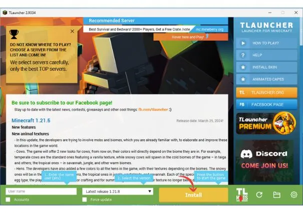 TLauncher interface showing the Minecraft 1.21.5 installation screen, with an Install button, game version selector, and highlighted recommendation for Bedwars servers.