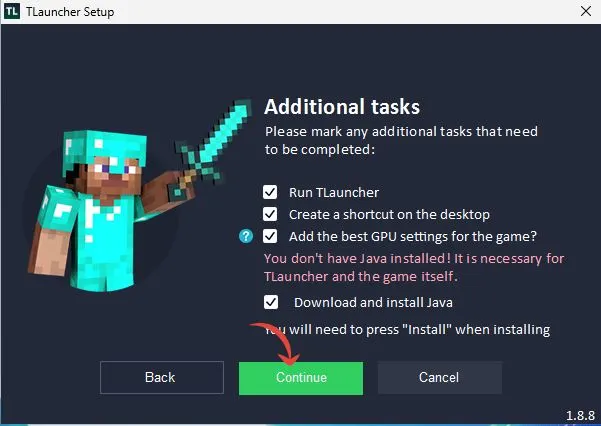 TLauncher installation setup with task options and highlighted Continue button for completing Java and GPU configuration